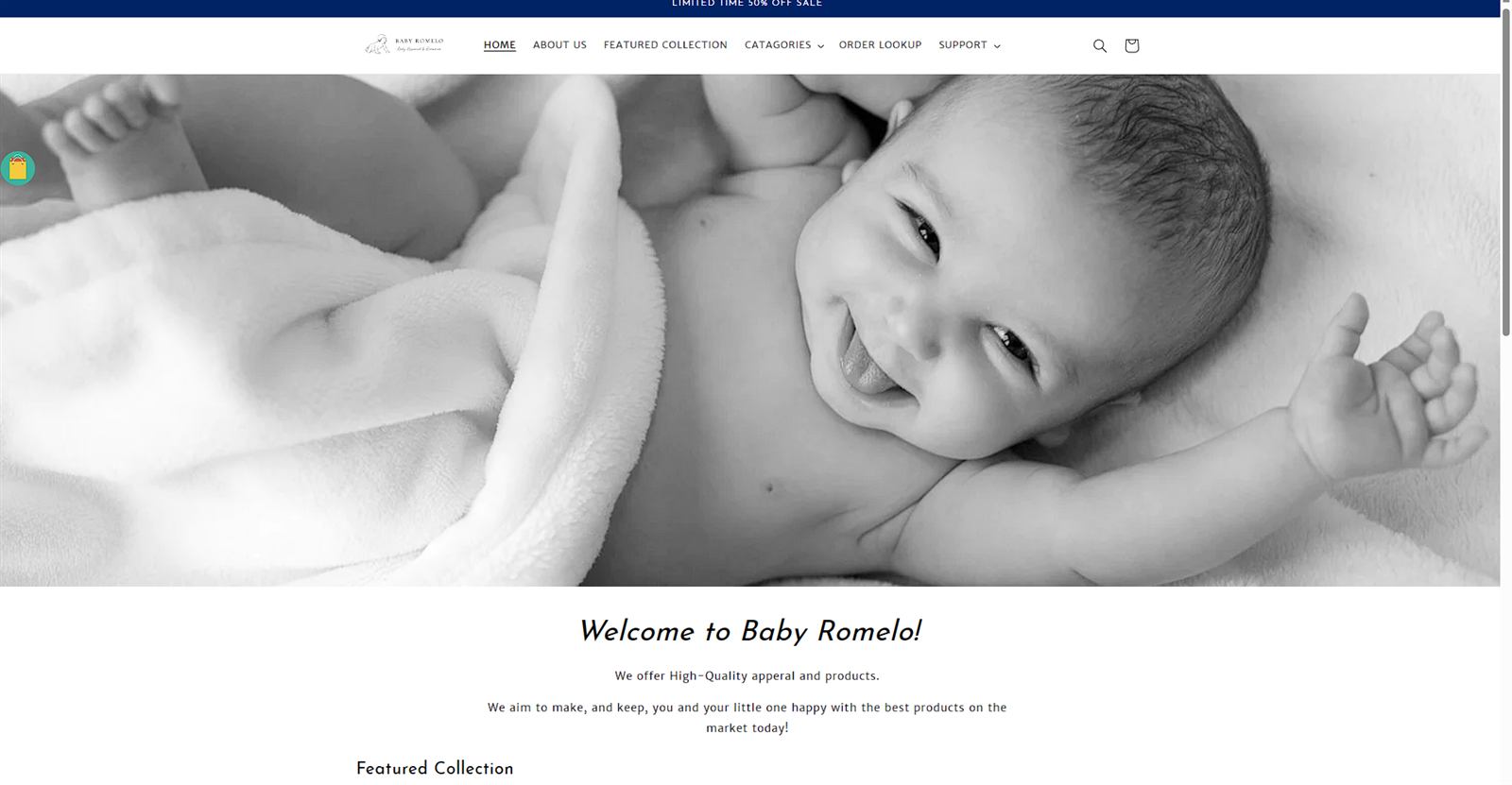 Baby Romelo storefront: a smiling baby wrapped in a white blanket beneath a welcome headline and featured collection