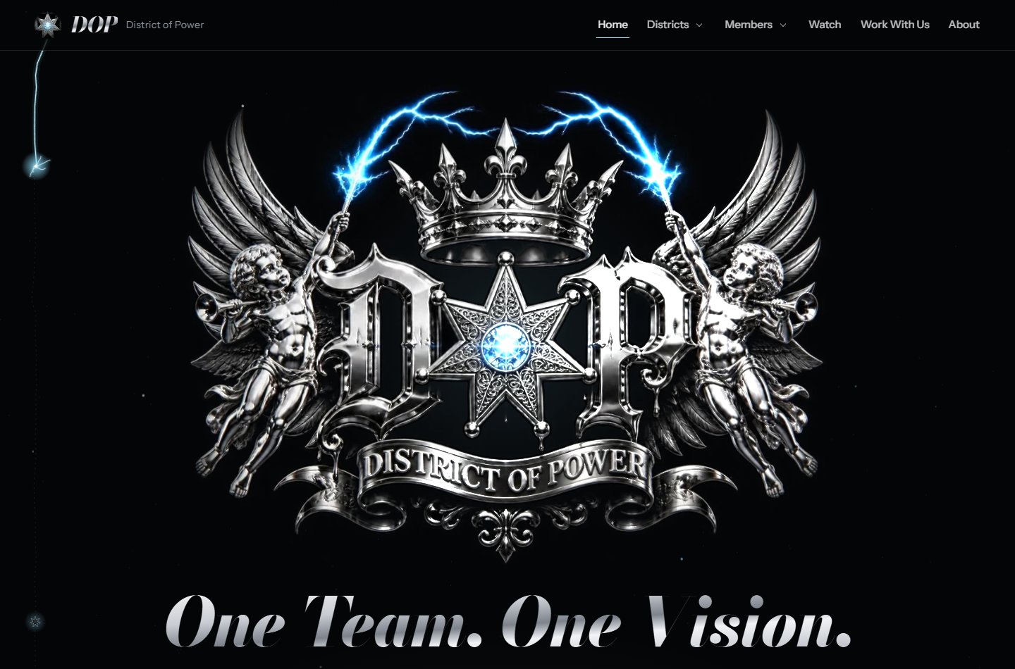 District of Power homepage: a chrome DOP crest with a crown, a star set with a blue gem, and two winged cherubs holding lightning, above the headline 'One Team. One Vision.'