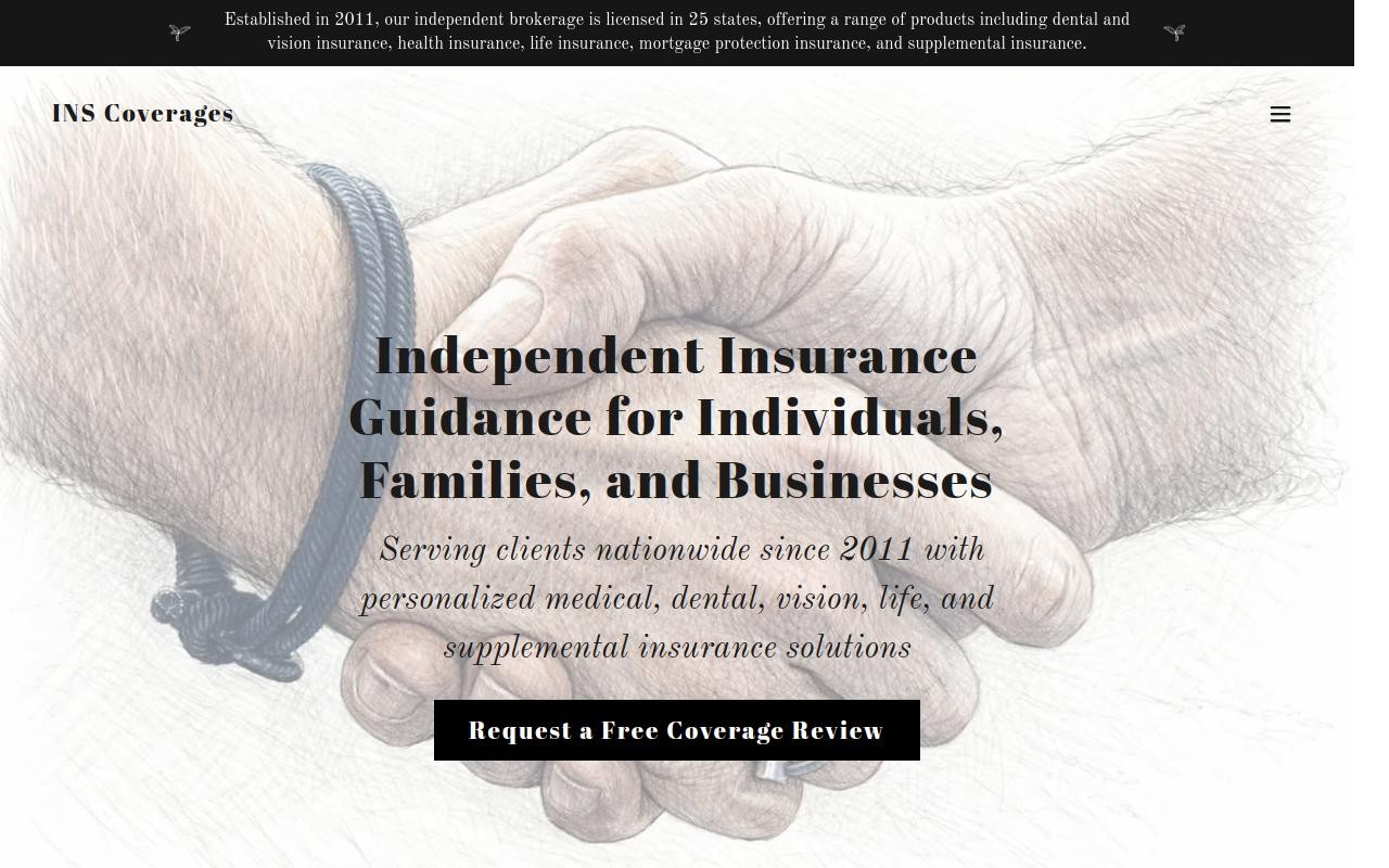 INS Coverages homepage: 'Independent Insurance Guidance for Individuals, Families, and Businesses' over a handshake photograph, with a request-a-free-coverage-review button