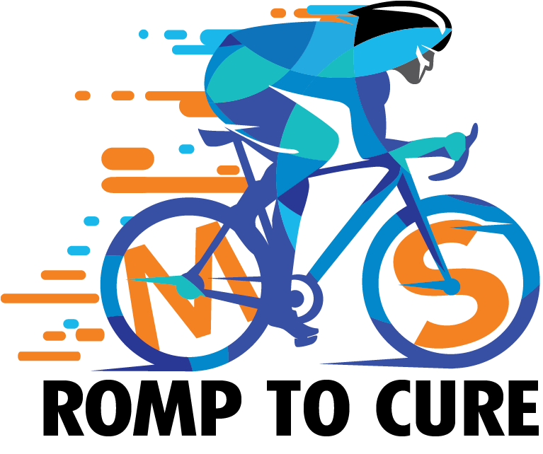 Romp To Cure MS logo: a cyclist in blues and oranges riding over the letters MS